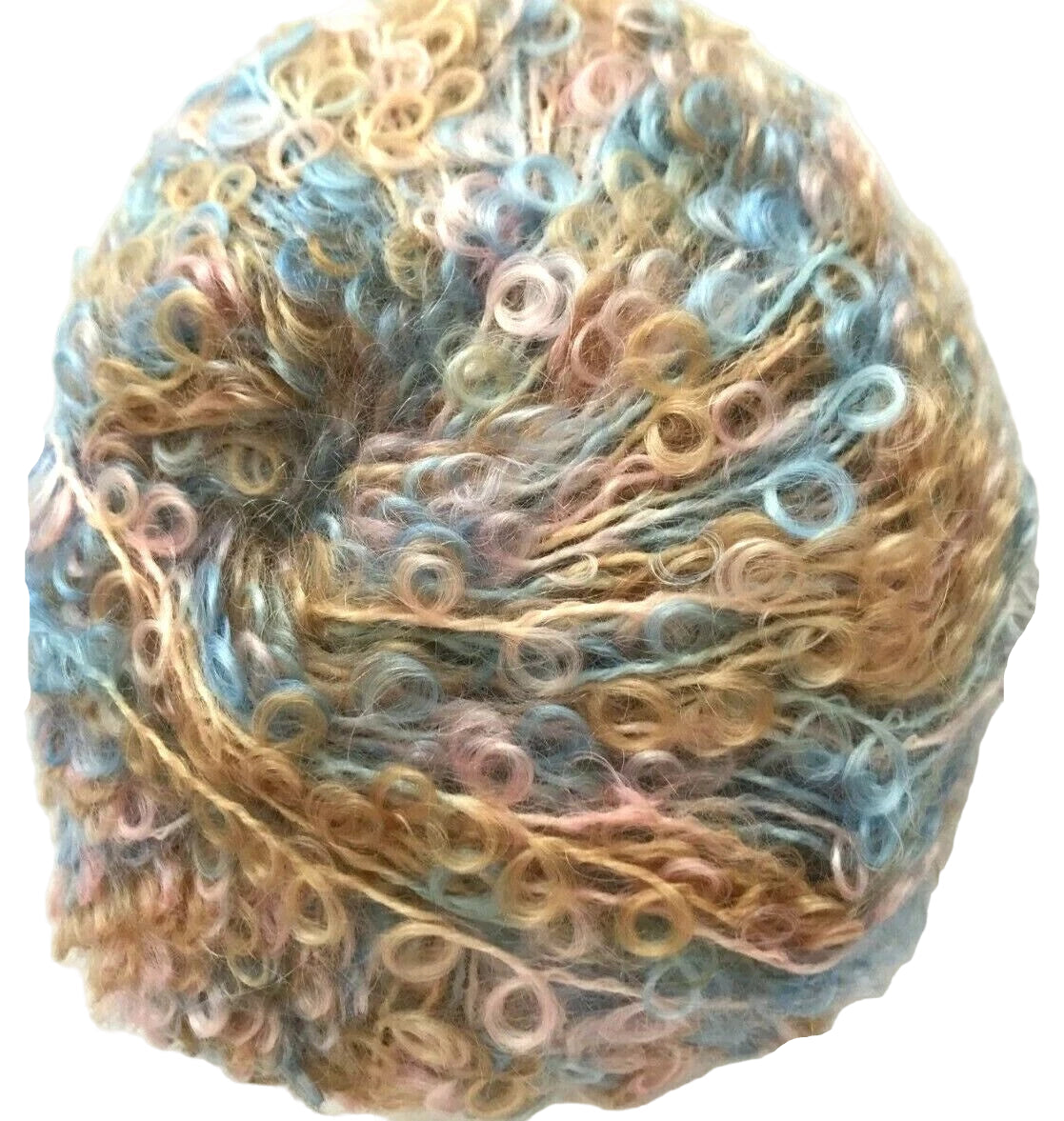 Multicolored skein of yarn on a white background