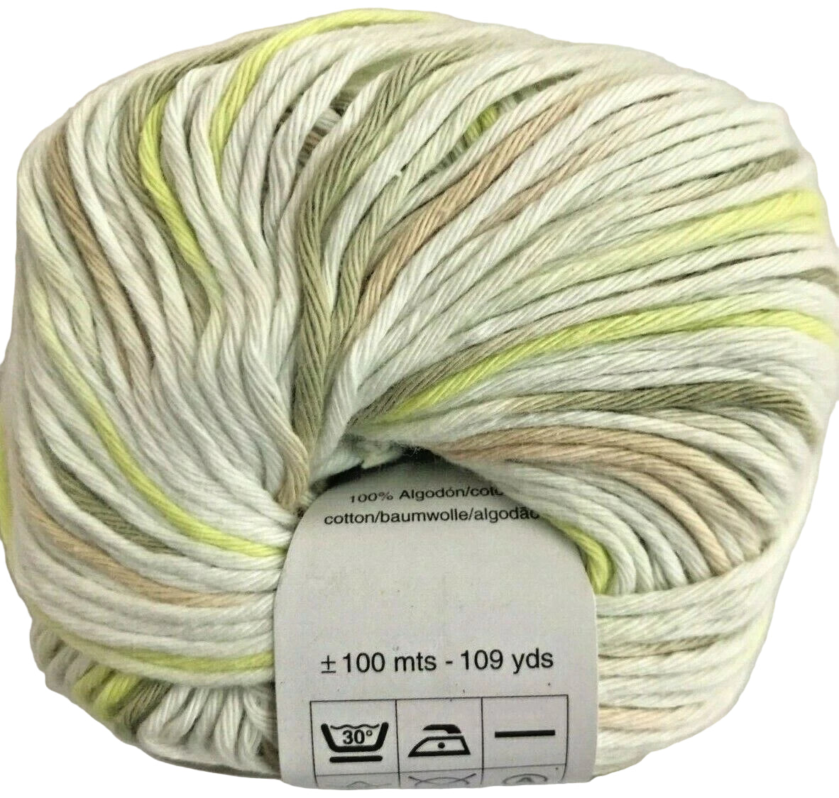 Multicolored yarn ball with a label on a light gray background