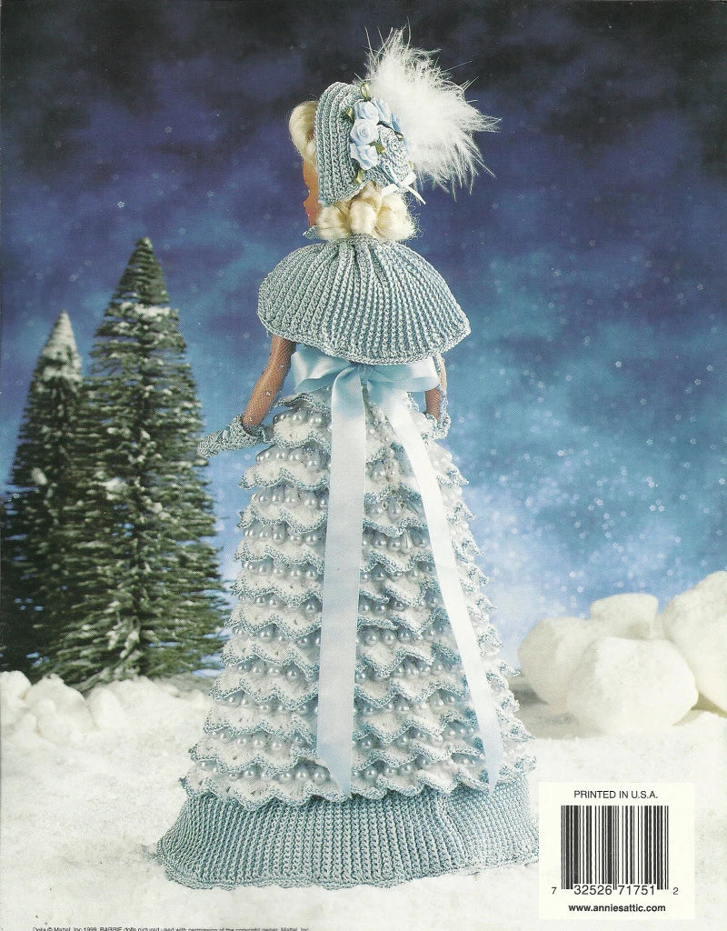 Doll in a blue dress with a white feathered bonnet against a snowy background