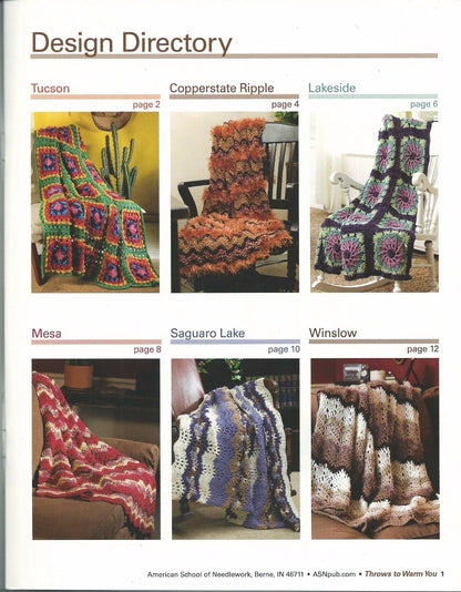 Design directory of crocheted blankets with images and page numbers.