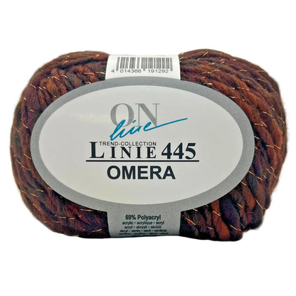 Ball of yarn with a label reading 'LINIE 445 OMERA' on a white background