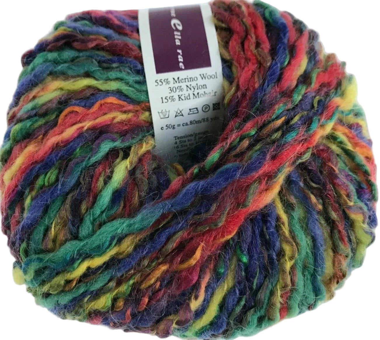 Multicolored yarn ball with a label on a white background