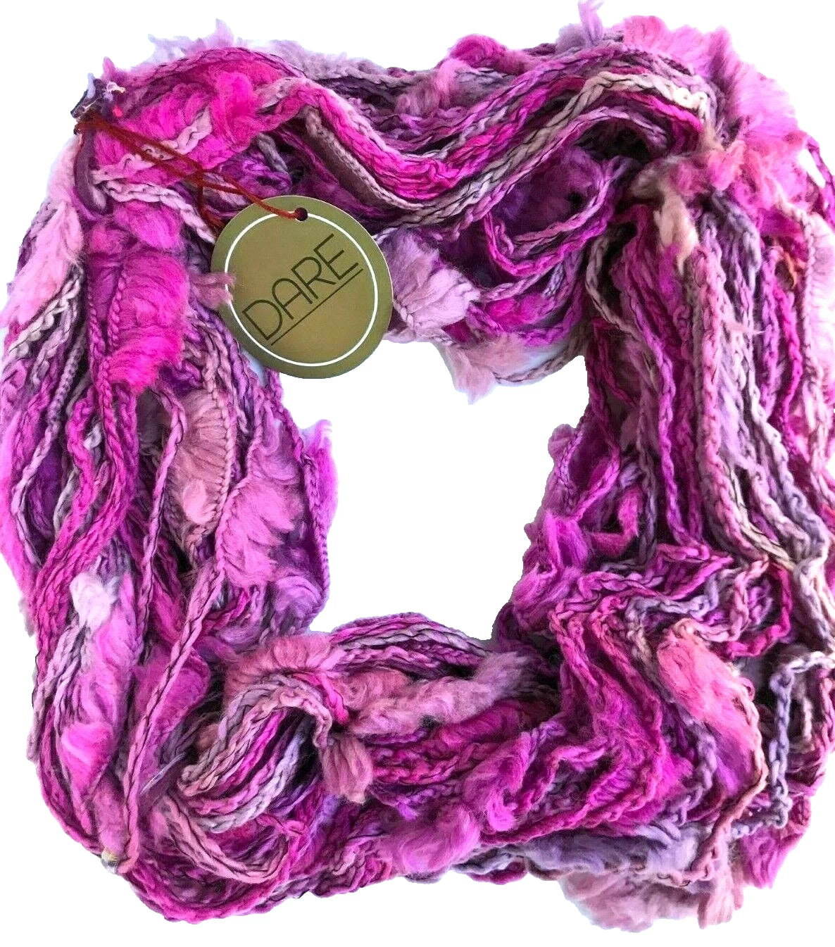 Pink and purple skein of yarn with a 'Dare' label on a white background