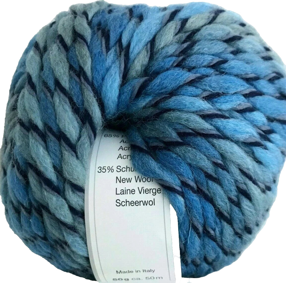 Blue skein of yarn with a label on a white background