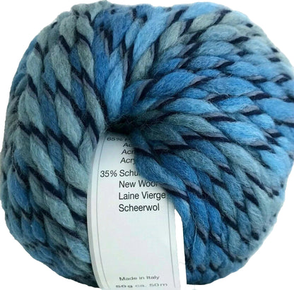 Blue skein of yarn with a label on a white background