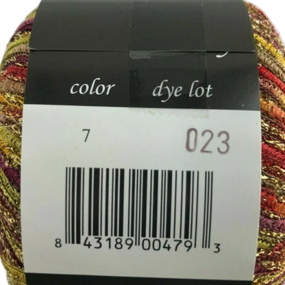 Multicolored yarn with a label showing color and dye lot information.