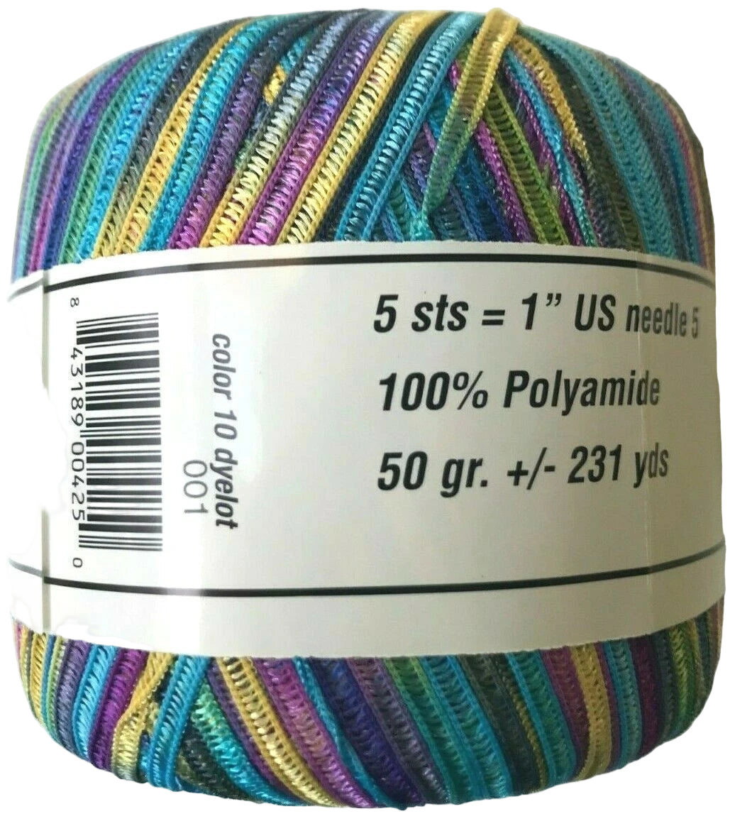 Multicolored yarn ball with label on a white background