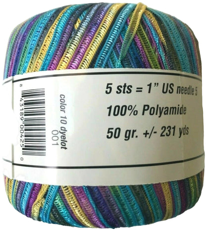 Multicolored yarn ball with label on a white background