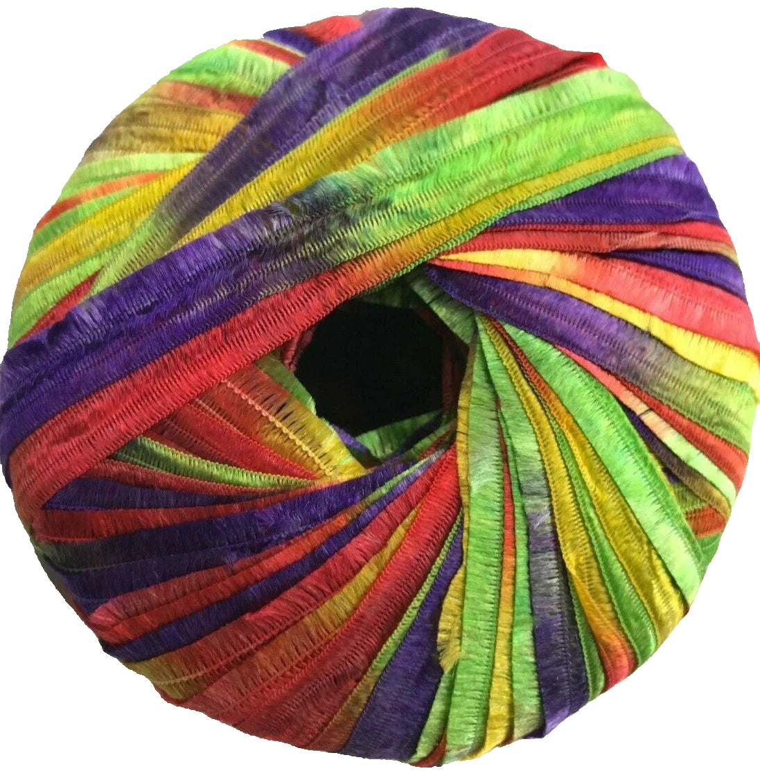 Multicolored yarn ball with a rainbow pattern on a white background