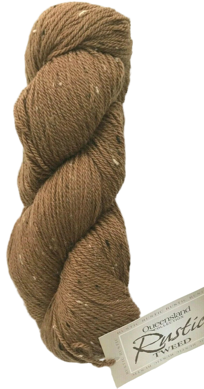 Brown skein of yarn with a label on a white background