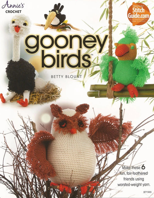 Crochet pattern book cover featuring gooney birds with text and branding.