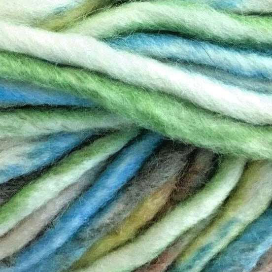 Close-up of multicolored yarn with shades of green, blue, and white.