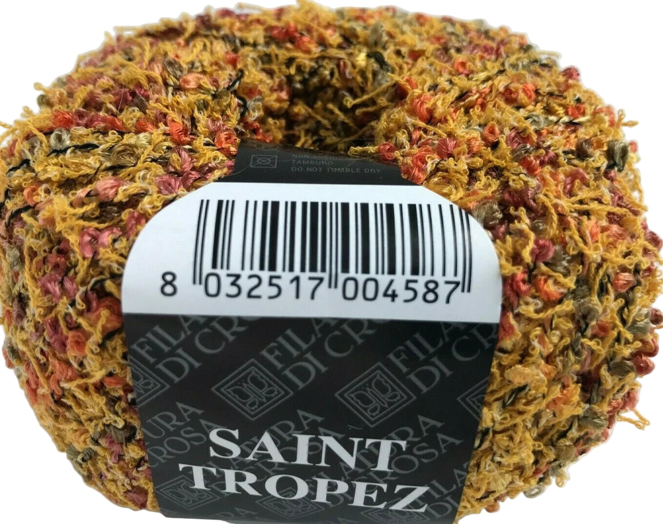 Ball of yarn with a barcode label on a white background