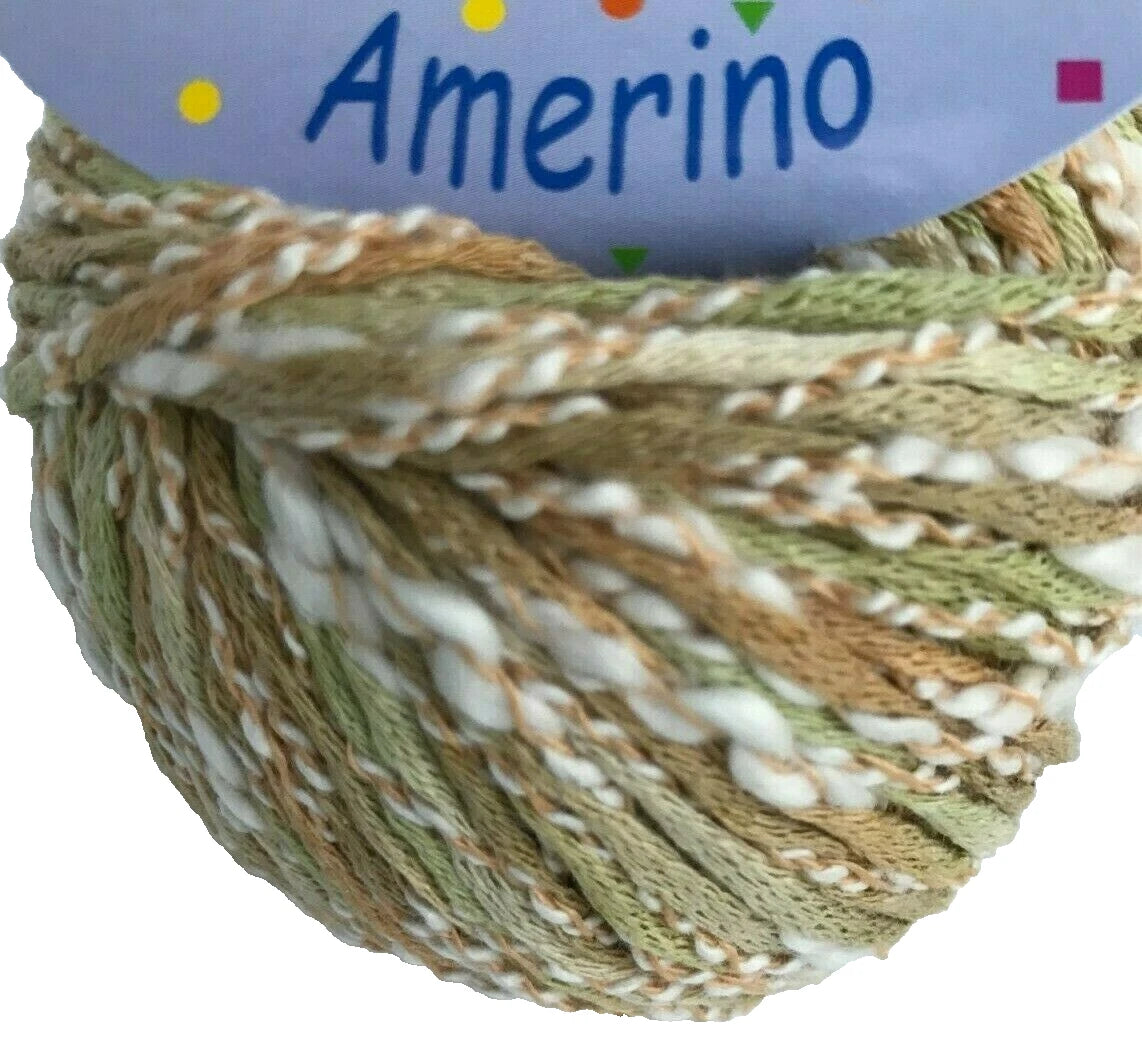 Ball of yarn with a colorful 'Amerino' label on a white background