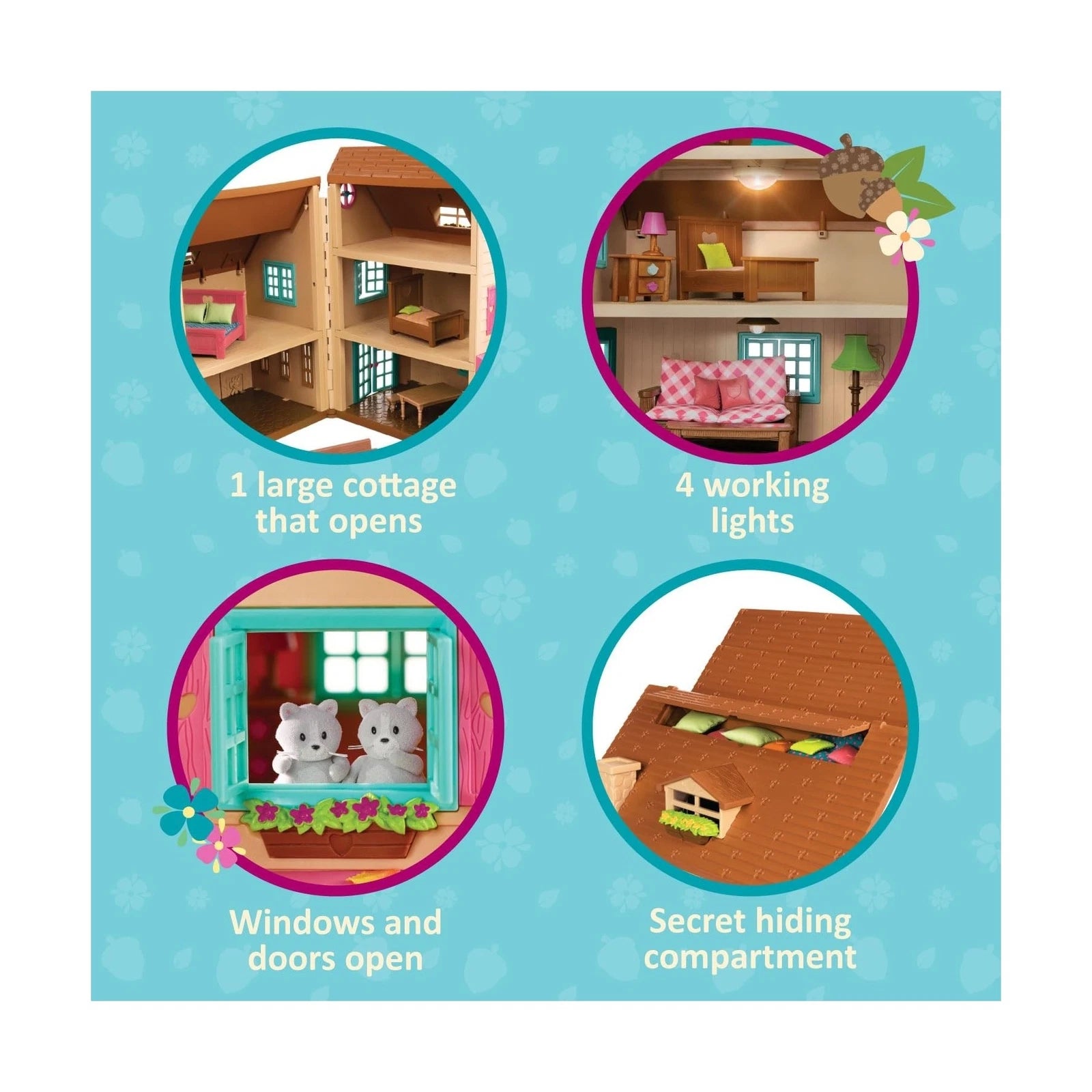Toy cottage set with features highlighted on a blue background