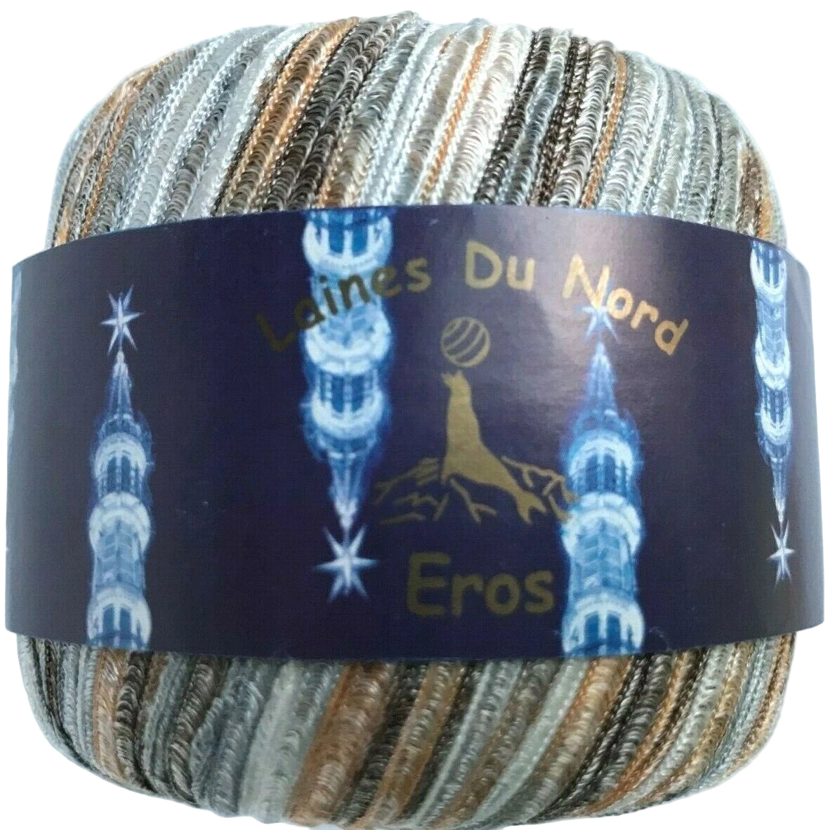 Ball of yarn with 'Laines Du Nord Eros' label on a light blue background