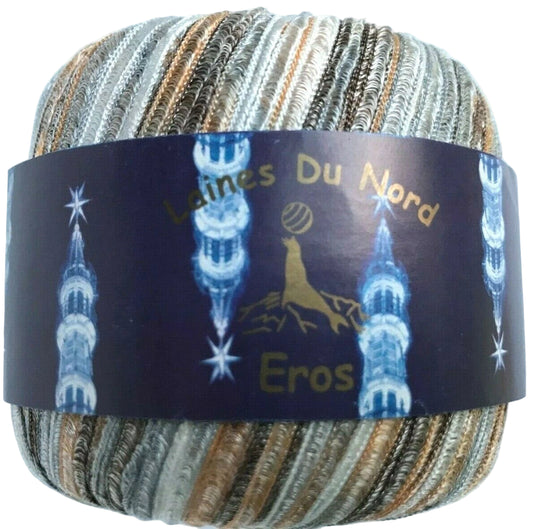 Ball of yarn with 'Laines Du Nord Eros' label on a light blue background