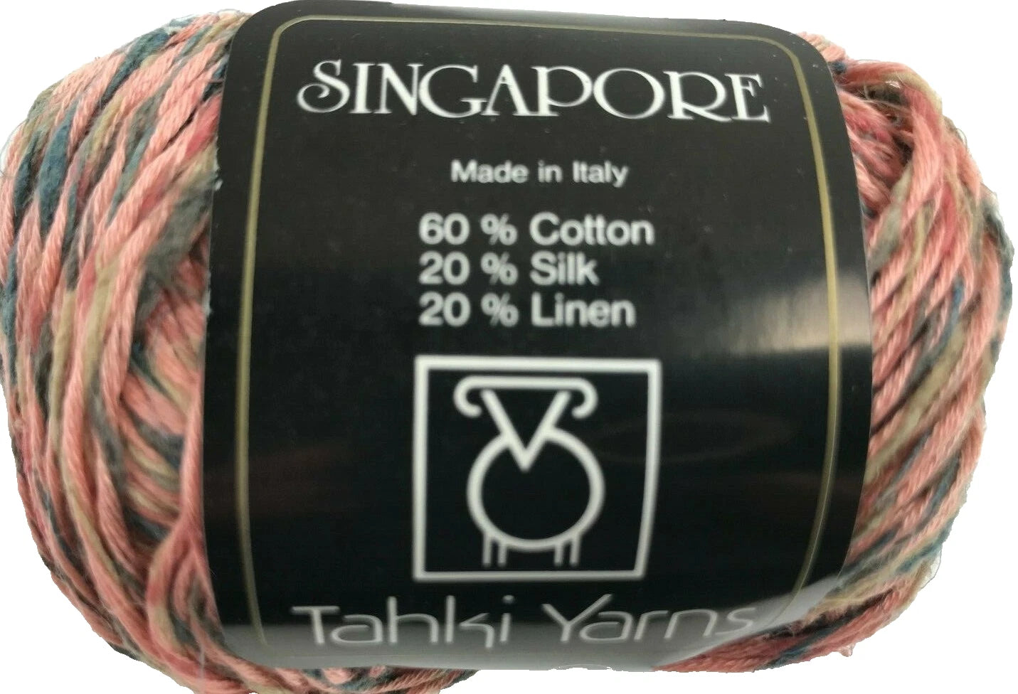 Ball of yarn with a label indicating brand and composition, made in Italy by Tahki Yarns.