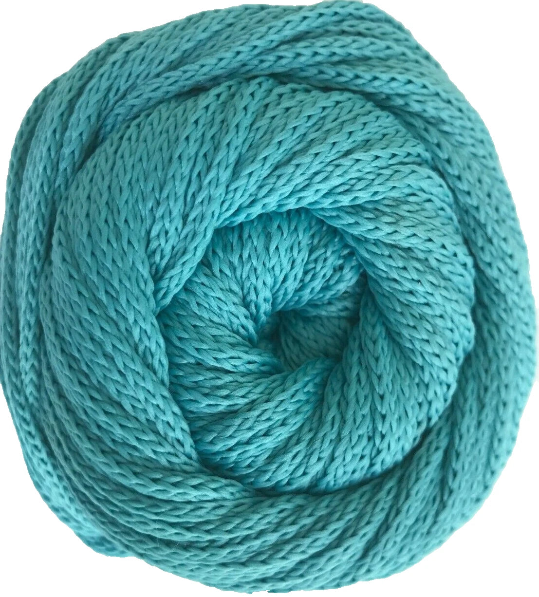 Turquoise skein of yarn on a white background