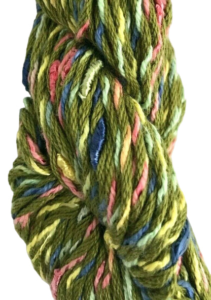Multicolored skein of yarn on a white background