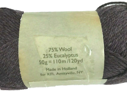 Ball of dark yarn with a label on a white background