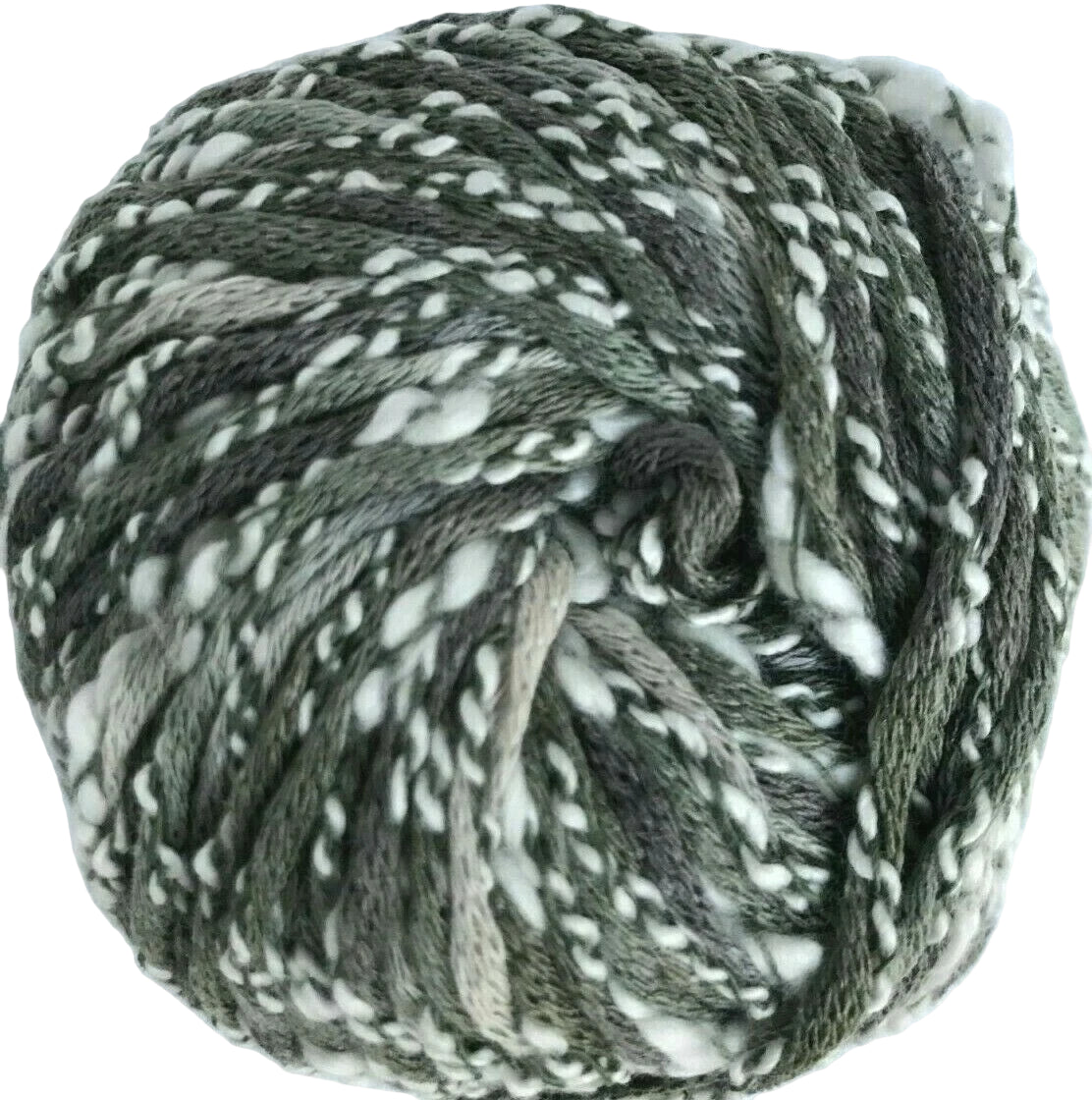 Ball of gray and white yarn on a white background