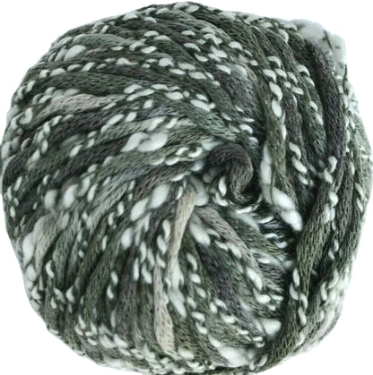 Ball of gray and white yarn on a white background