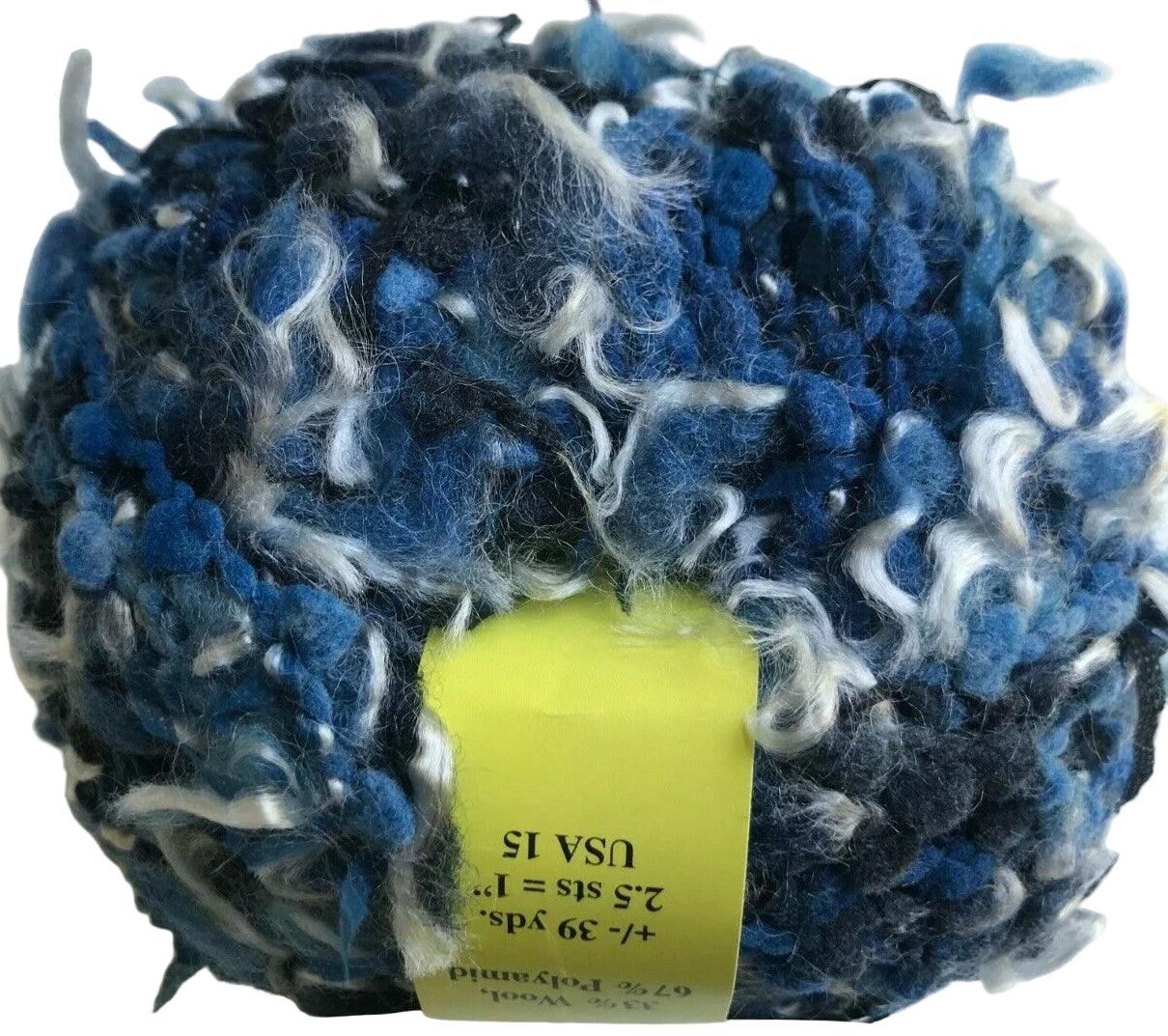 Ball of blue and gray yarn with a label on a white background