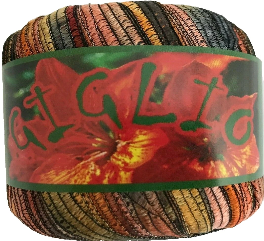 Colorful skein of yarn with a floral label on a white background