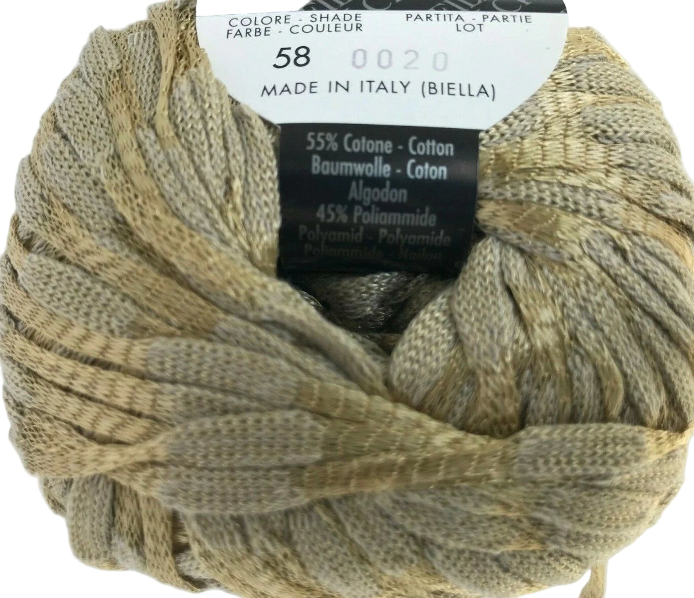 Ball of yarn with a label indicating it is made in Italy