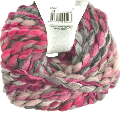 Ball of pink and gray yarn with a brand label on a white background
