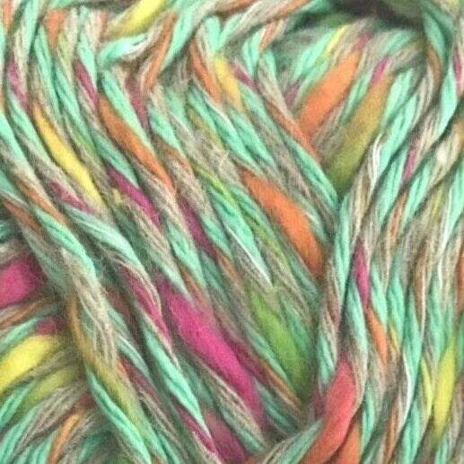 Multicolored skein of yarn with a label on a white background