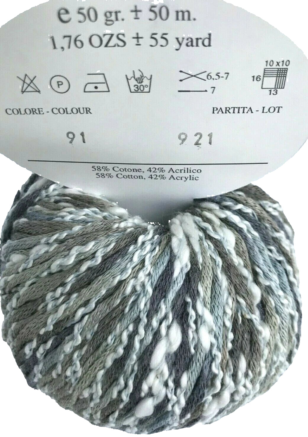 Yarn ball with label showing color code and specifications on a white background