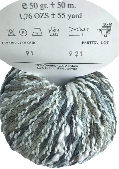 Yarn ball with label showing color code and specifications on a white background
