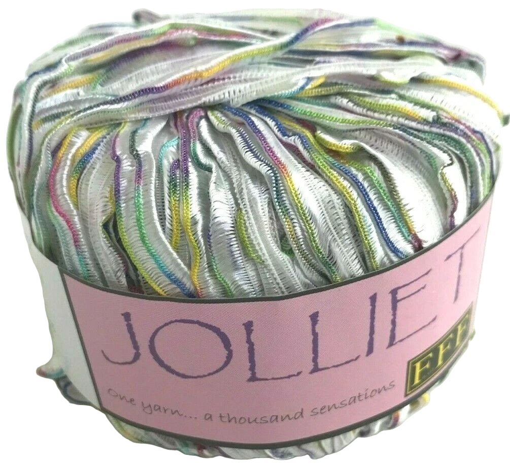 Colorful yarn ball with a pink label on a white background