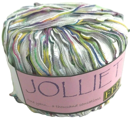 Colorful yarn ball with a pink label on a white background
