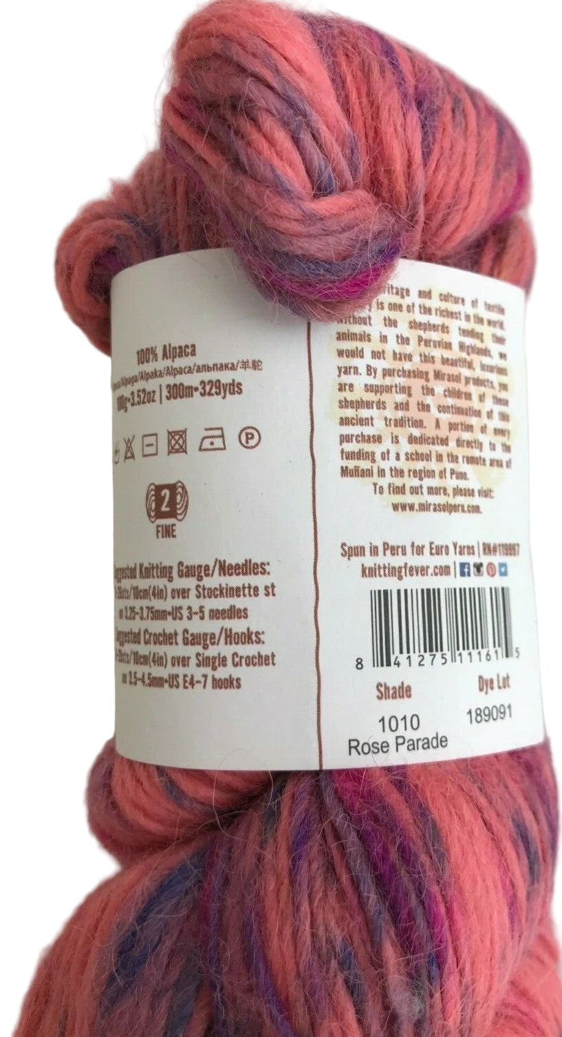 Multicolored yarn skein with a label on a white background