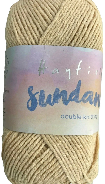 Ball of yarn with 'Hayfield Sundance' label on a white background