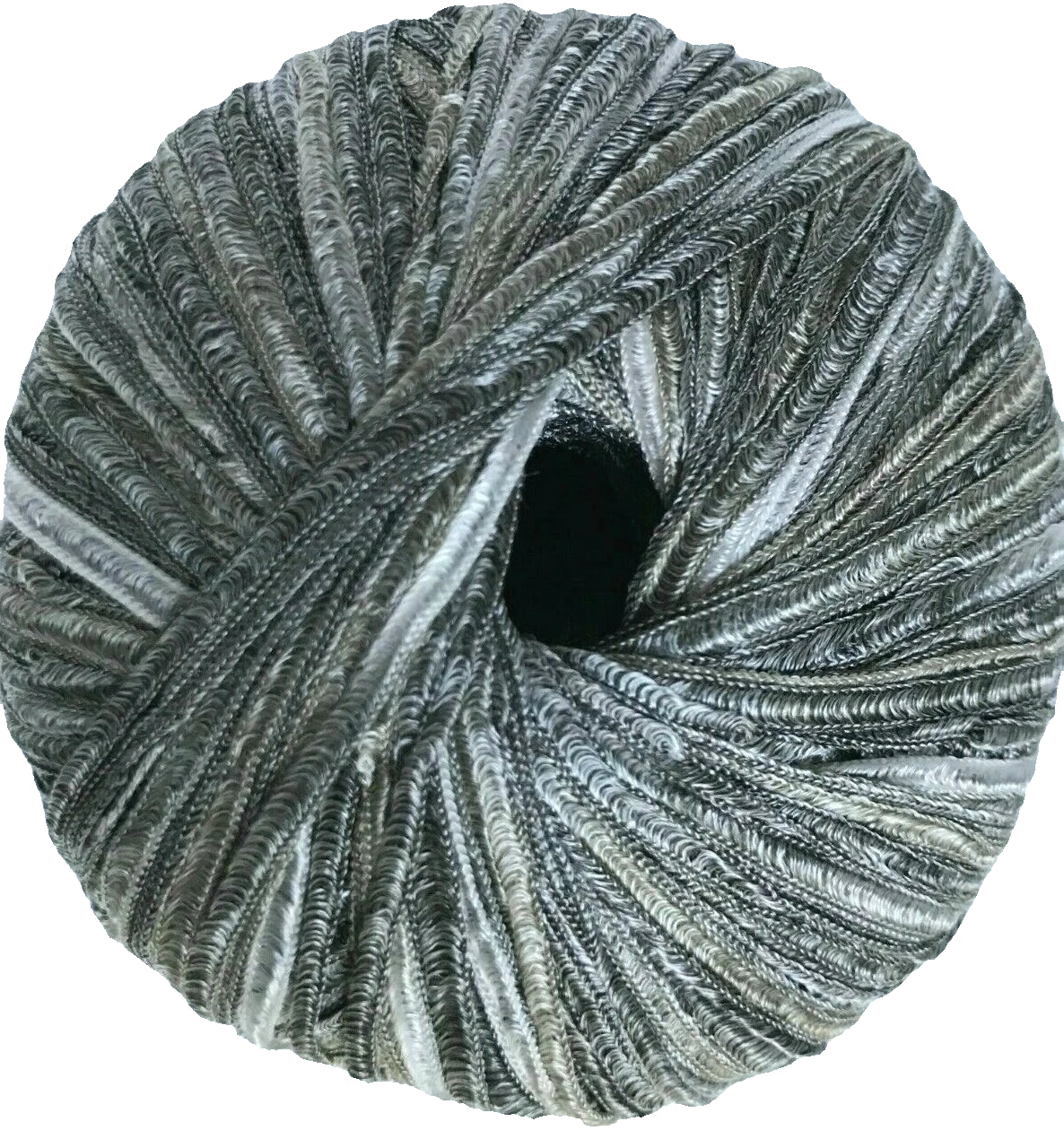 Ball of gray yarn with a subtle pattern on a light blue background