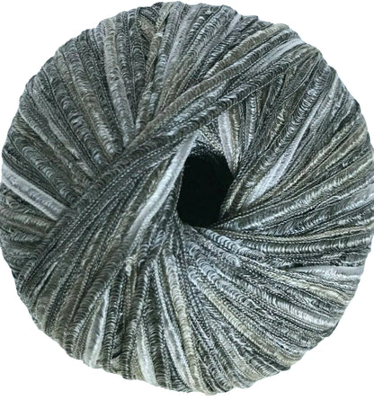 Ball of gray yarn with a subtle pattern on a light blue background