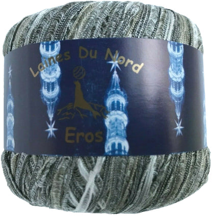 Ball of yarn with 'Laines Du Nord Eros' label on a white background