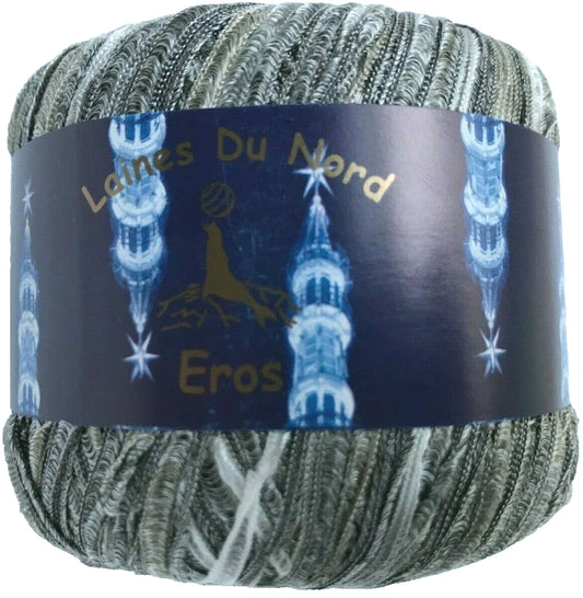 Ball of yarn with 'Laines Du Nord Eros' label on a white background