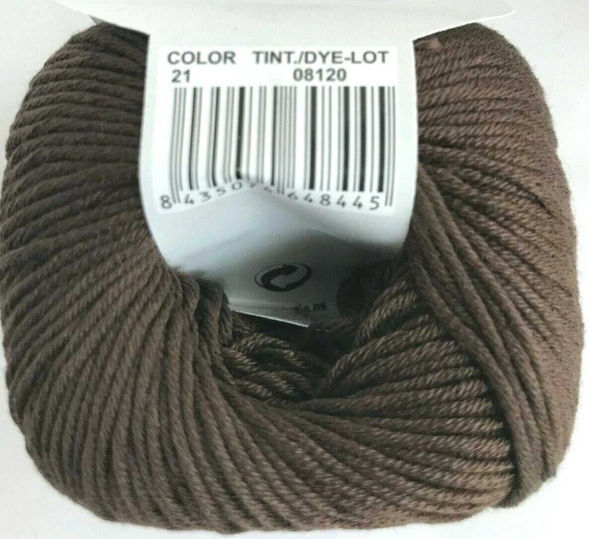 Brown yarn ball with a label on a white background