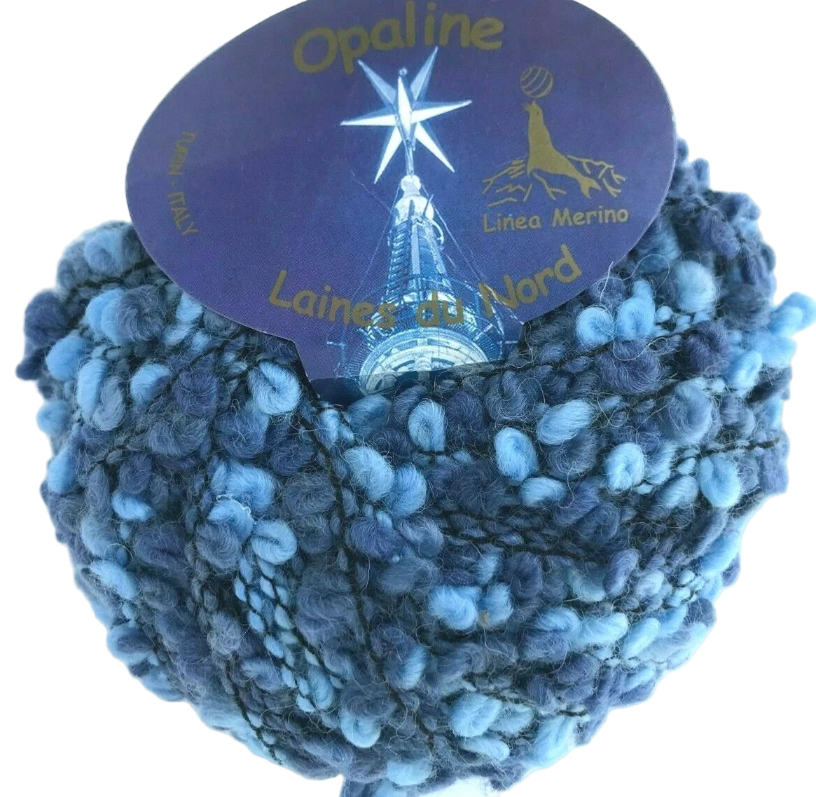 Blue yarn ball with 'Opaline Laines du Nord' label on a white background