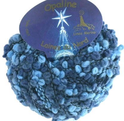 Blue yarn ball with 'Opaline Laines du Nord' label on a white background