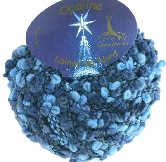 Blue yarn ball with 'Opaline Laines du Nord' label on a white background