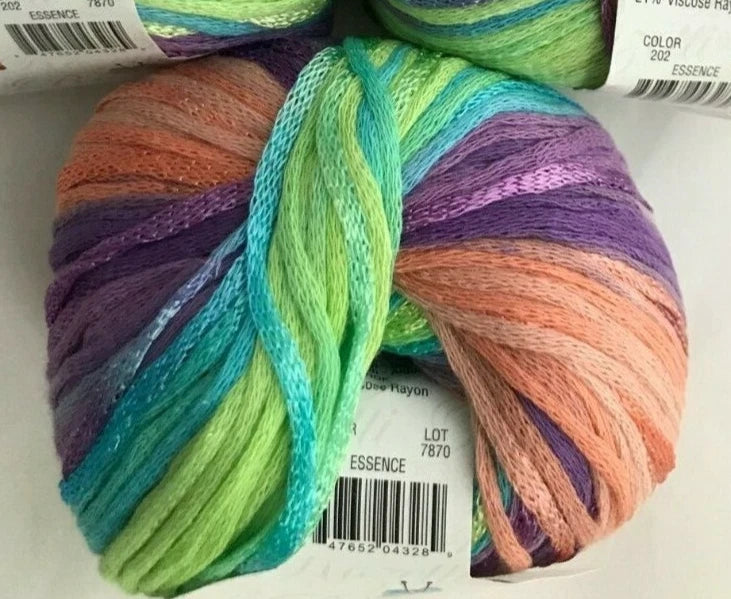 Multicolored yarn skein with visible brand label on a white background