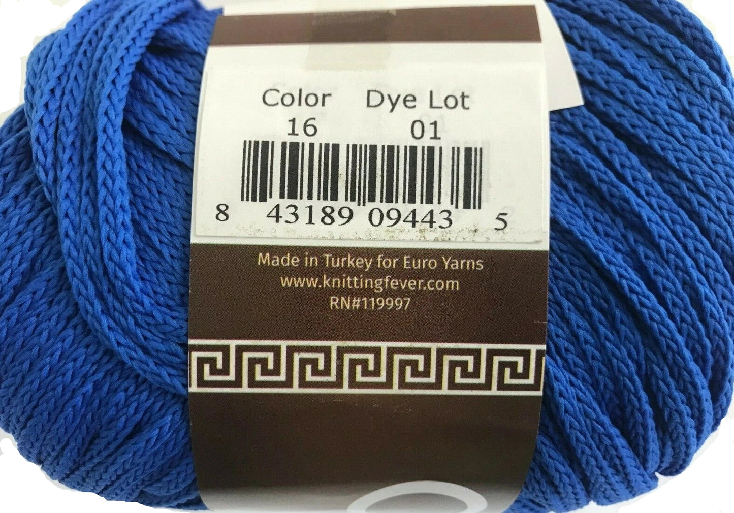 Blue yarn with a label showing product details on a white background