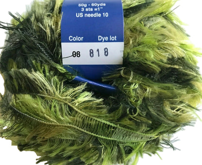 Green yarn ball with a label on a white background