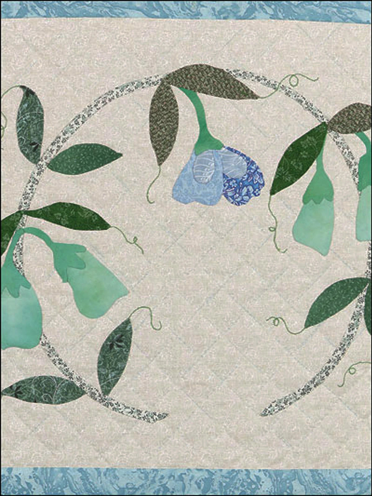 Decorative design with blue flowers and green leaves on a beige background